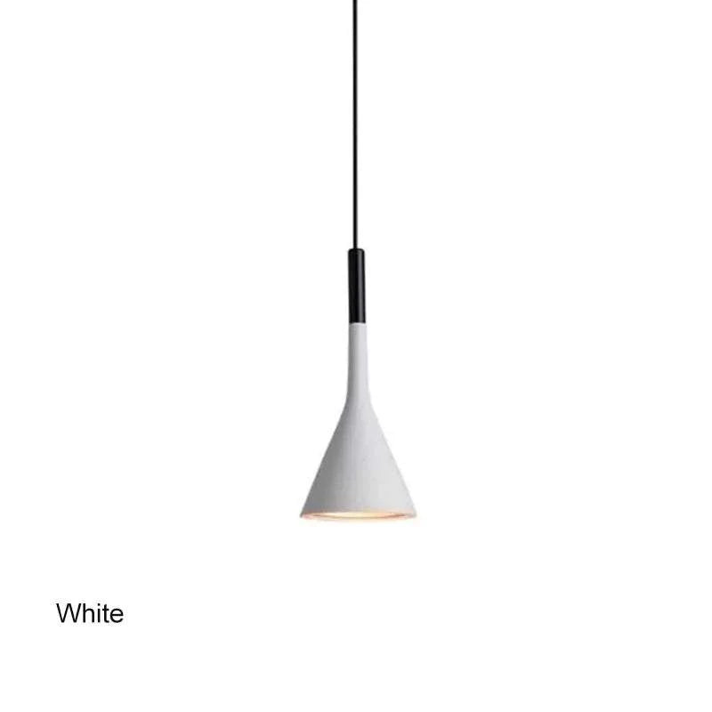 White funnel pendant light with sleek design, adds whimsy and charm to any space.