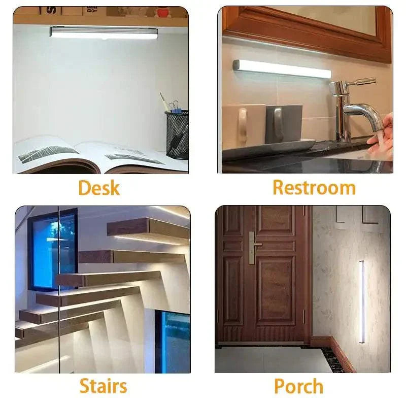 Motion Sensor Light Wireless LED Night Lights installed in various locations like desk, restroom, stairs, and porch.